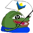 a green frog wearing a white hat and holding a flag .