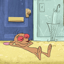 a cartoon character laying on the ground in front of a blue door