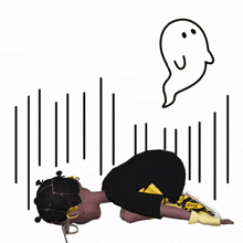 a cartoon drawing of a person laying on the ground with a ghost behind them