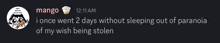 a screenshot of a tweet from mango which says i once went 2 days without sleeping out of paranoia