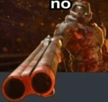 a video game character is pointing a gun at the camera with the words `` no '' written on it .