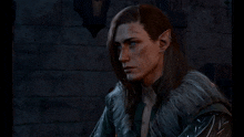 a man with long hair and blue eyes is wearing a fur jacket