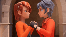two cartoon characters are holding hands and one has a tear running down her cheek