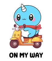a cartoon of a narwhal riding a yellow scooter with the words on my way below it