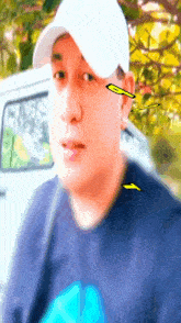 a man wearing a white hat and a blue shirt has a yellow arrow pointing to his neck