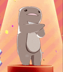 a cartoon character is standing on a red podium with his arms crossed