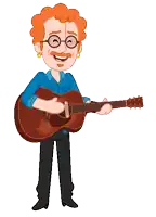 a cartoon man with red hair and glasses is holding an acoustic guitar