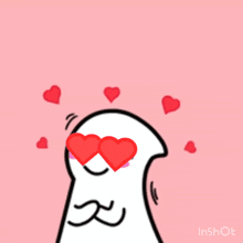a cartoon drawing of a person with red heart shaped eyes