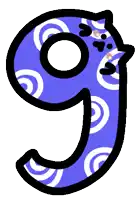 a blue number 9 with white swirls and a black outline