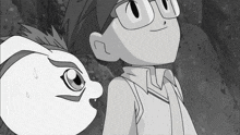 a black and white cartoon of a boy with glasses and a cat