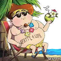 a cartoon of a man sitting in a beach chair holding a coconut with the words fatty 4 life written on his belly