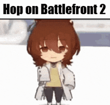 a little girl with brown hair is standing in front of a white background with the words `` hop on battlefront 2 '' .