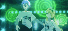 a boy and a girl are standing next to each other holding hands
