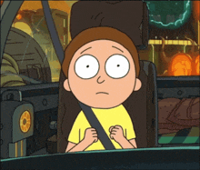 a cartoon character named morty sits in a car with his seat belt on
