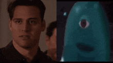a close up of a man 's face next to a close up of a blue object with one eye