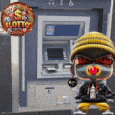 a cartoon character with a pacifier in his mouth stands in front of a slot machine