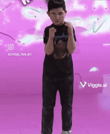 a young boy in a black shirt stands in front of a pink wall with the words official papa gut written on it