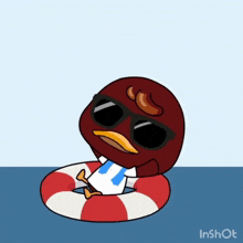 a cartoon of a duck wearing sunglasses and sitting in a life preserver
