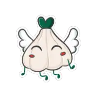 a cartoon drawing of a garlic bulb with wings and arms