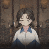 a girl with pigtails is wearing a blue and white jacket and a pink turtleneck