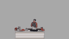 a pixel art of a man cooking in front of a monster with many antlers