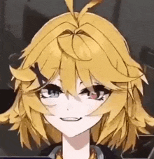 a close up of a anime girl 's face with yellow hair and a smile .