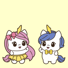 a cartoon of two unicorns with the words let 's dance together written above them