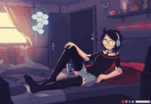 a drawing of a girl laying on a bed with a shark and a clock on the wall