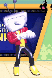 a pixel art drawing of a person standing in front of a breaking news sign