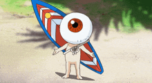 a cartoon character holding a surfboard with a big eye on his head
