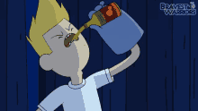 a cartoon of a boy drinking from a bottle with the words bravest warriors on the bottom