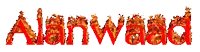 the word alanwaad is written in red with flames coming out of it