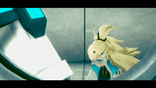 a cartoon character with blonde hair and glasses looks down at something