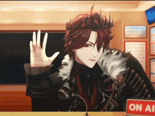a man with a crown on his head waves his hand in front of a sign that says on ai