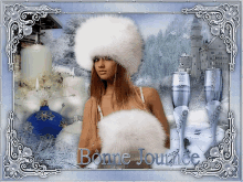 a picture of a woman in a white fur hat with the words bonne journee