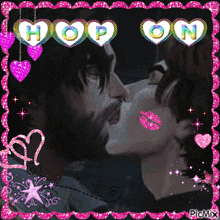 a picture of a man and a woman kissing with the words hop on above them