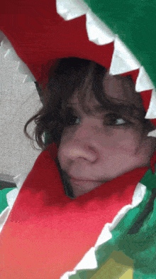 a person wearing a costume with a shark mouth