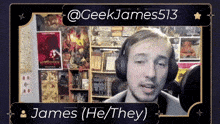 a man wearing headphones with the name james on the top