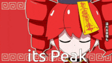 a cartoon character with red hair and a yellow tag that says it 's peak on it