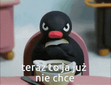 a cartoon penguin is sitting at a table with a bowl of food and the words " teraz to ja już nie chce "