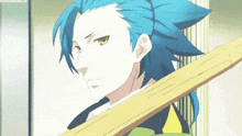 a boy with blue hair is holding a wooden stick in his hand .