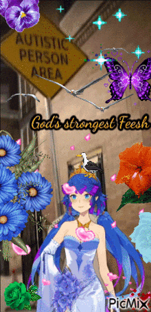 a girl in a white dress is surrounded by flowers and butterflies