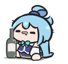 a cartoon of a girl holding a bottle of wine .