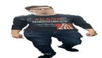 a young man wearing glasses and a jeans trading co shirt