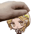 a hand is holding a cartoon character 's head in a pixel art style .