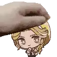 a hand is holding a cartoon character 's head in a pixel art style .