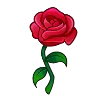 a red rose with a green stem and leaves