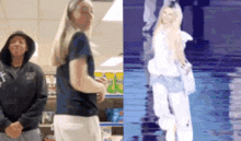 a man and a woman are standing next to each other in a store and a woman is walking down a runway .