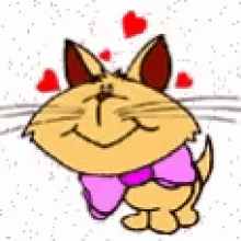a cartoon cat wearing a pink bow tie and smiling with hearts around its head .