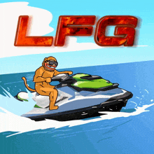a cartoon of a monkey riding a jet ski with the words lfg written above him